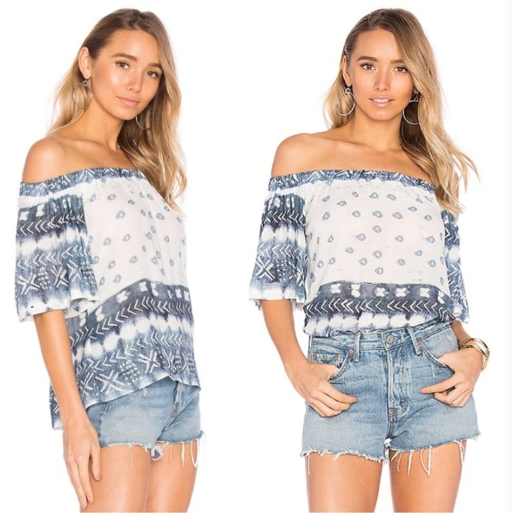 JEN'S PIRATE BOOTY // indigo printed off the shoulder boho-chic top